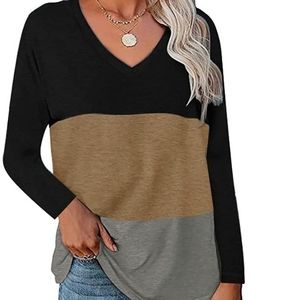 Womens Tops Long Sleeve V Neck Color Block T-Shirt